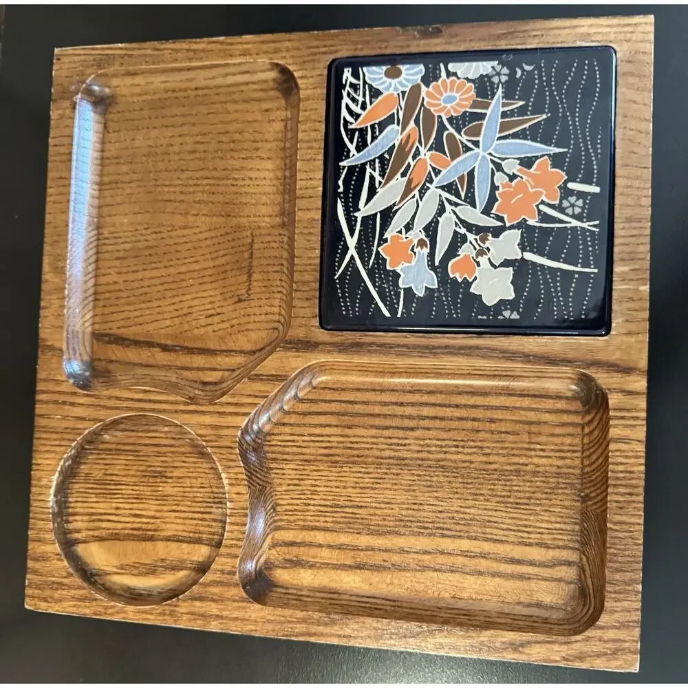 Vintage MCM Wooden Snack Serving Tray w/ Ceramic Tile Trivet 10x10